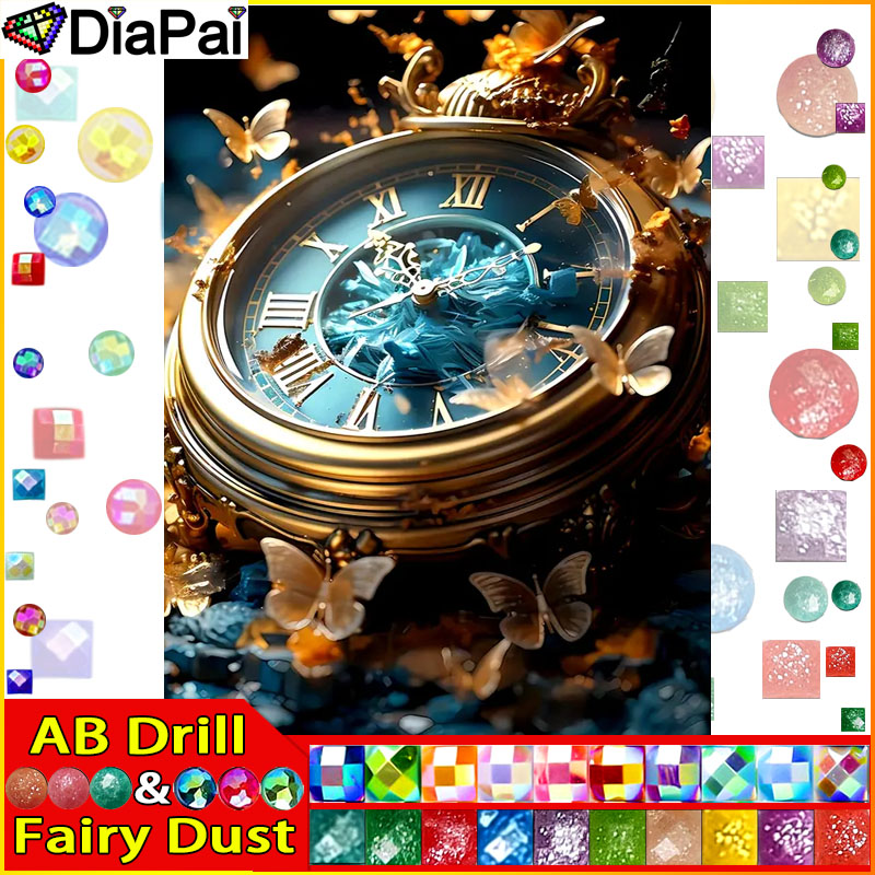 Resin Art Clock - DiaPai フェアリーダスト AB ダイヤモンド塗装クロスステッチパターン 5D ダイヤモンド刺繍「時計蝶」家の装飾