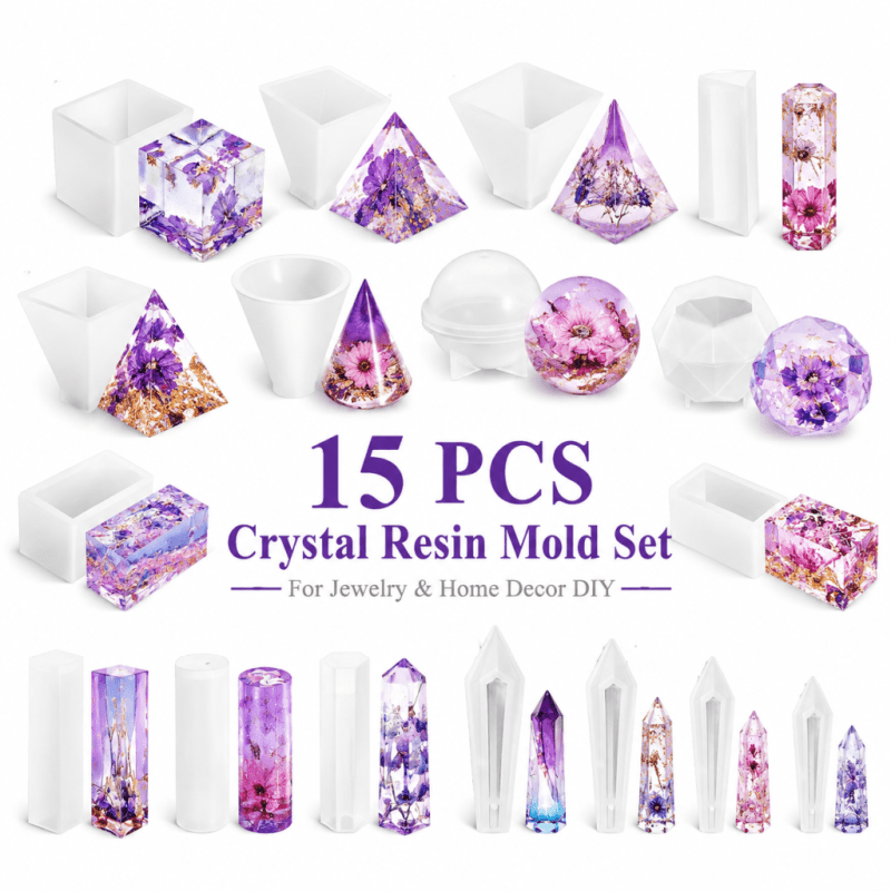 Resin Art Furniture - 15個入りクリスタルレジンシリコンモールドセット、ジュエリー収納、リングホルダー、ペンダント、装飾品、家の装飾、手作りのクリスマスプレゼント用のユニークなデザイン