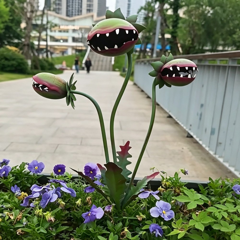 Resin Art Design - 肉食性の花の形をした庭の飾り物、25インチの屋外用面白い大型樹脂製のハエトリグサ、新しいモンスター彫刻植物、庭の芝生の芸術装飾