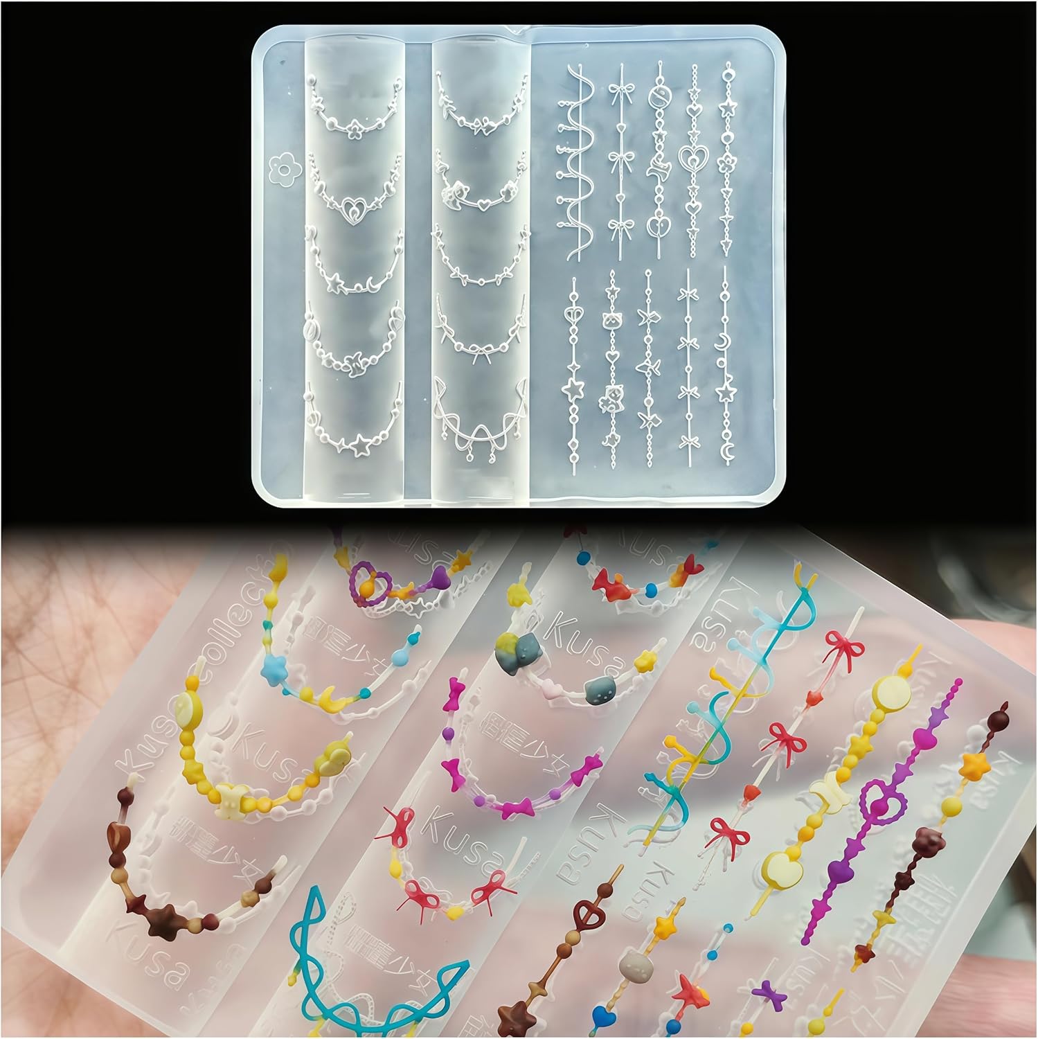 Resin Art Template - 3D ビーズネックレスジェルネイルアートモールドアート樹脂チェーンモールドアクセサリー用品用ビーズシリコーンツールかわいいネイルスタイル