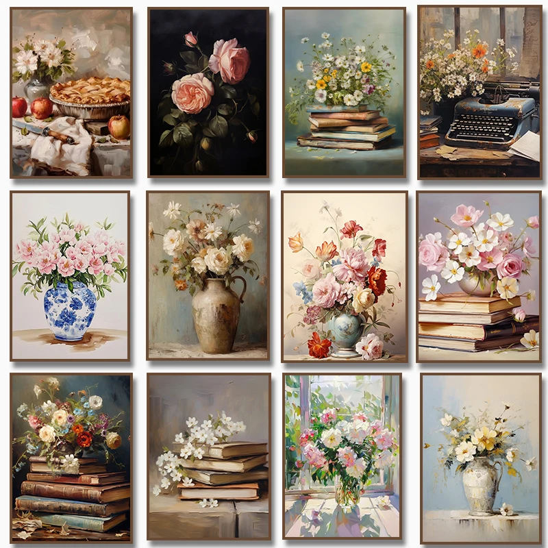 Resin Art Book - 春の花の花瓶静物画ダイヤモンドペインティングワイルドフラワーブックフローラルポスター素朴な壁アートニュートラルプリントファームハウス装飾